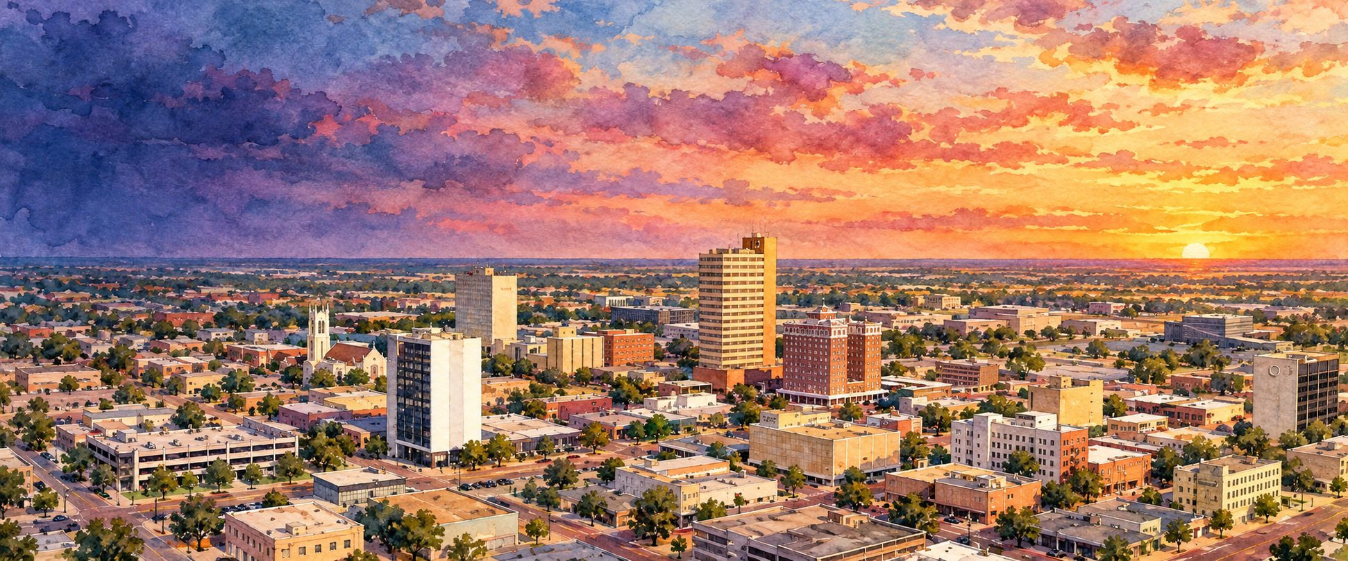 Watercolor panorama of downtown Lubbock at sunset