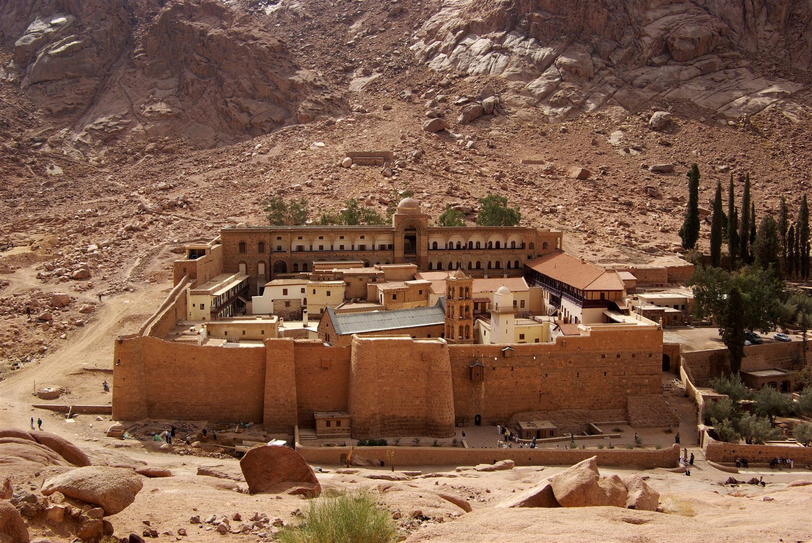 Saint Catherine’s Monastery surrounded by the rocky mountains of Sinai, Egypt
