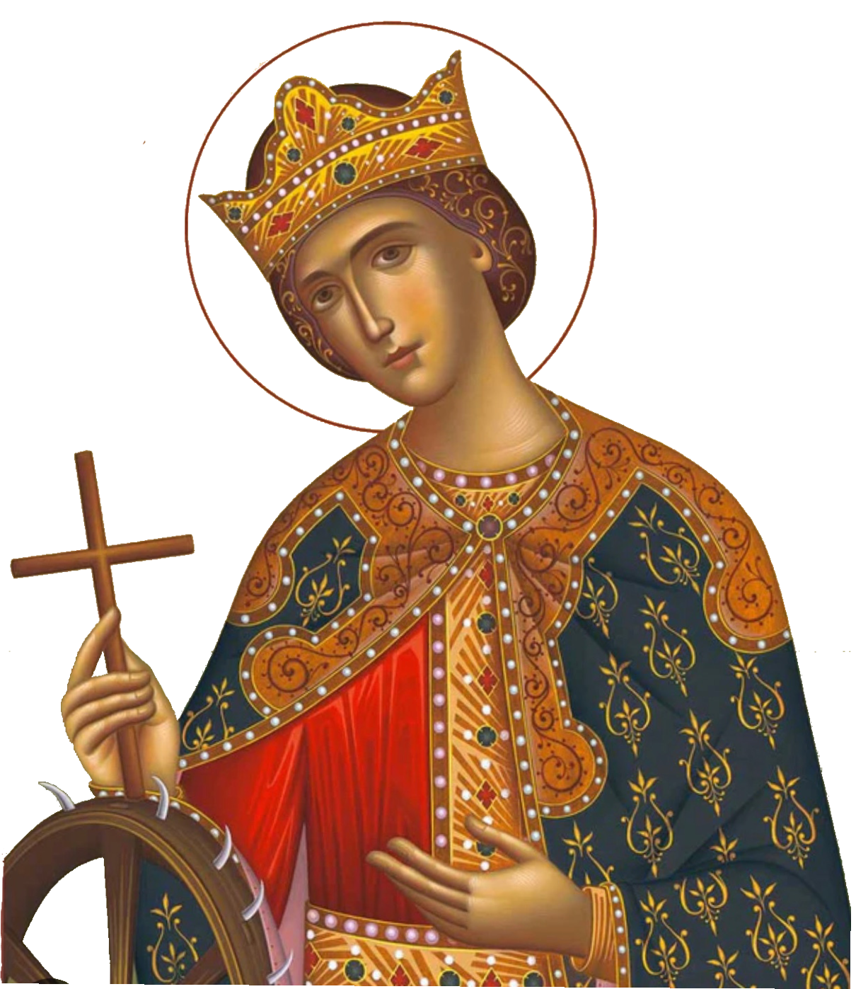 Saint Catherine of Alexandria, crowned and haloed, holding a cross beside her spiked wheel